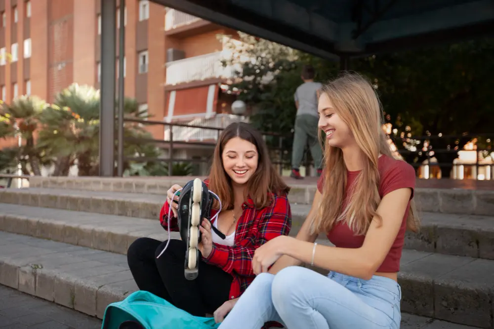 Dwie młode kobiety siedzą na schodach na zewnątrz, uśmiechają się, podczas gdy jedna z nich trzyma rolkę, a druga się przygląda.